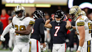 ATLANTA, GEORGIA - NOVEMBER 28: Younghoe Koo #7 of the Atlanta Falcons reacts after missing a field goal against the New Orleans Saints during the second quarter at Mercedes-Benz Stadium on November 28, 2019 in Atlanta, Georgia. (Photo by Kevin C. Cox/Getty Images)