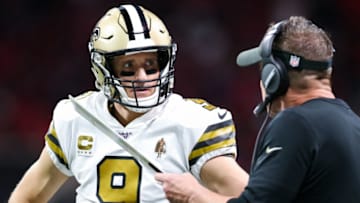ATLANTA, GA - NOVEMBER 28: Drew Brees #9 speaks with head coach Sean Payton of the New Orleans Saints during a game against the Atlanta Falcons at Mercedes-Benz Stadium on November 28, 2019 in Atlanta, Georgia. (Photo by Carmen Mandato/Getty Images)