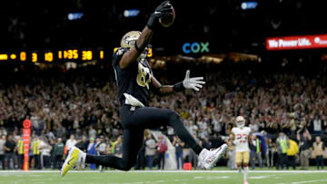 NEW ORLEANS, LOUISIANA - DECEMBER 08: Jared Cook #87 of the New Orleans Saints celebrates as he scores a 38 yard touchdown against the San Francisco 49ers during the first quarter in the game at Mercedes Benz Superdome on December 08, 2019 in New Orleans, Louisiana. (Photo by Jonathan Bachman/Getty Images)