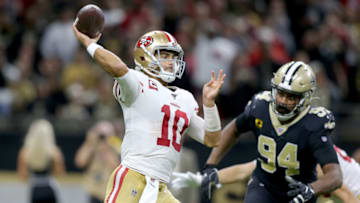 NEW ORLEANS, LOUISIANA - DECEMBER 08: Jimmy Garoppolo #10 of the San Francisco 49ers throws a pass against the New Orleans Saints in the game at Mercedes Benz Superdome on December 08, 2019 in New Orleans, Louisiana. (Photo by Jonathan Bachman/Getty Images)