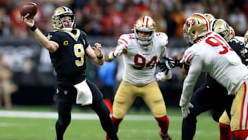 NEW ORLEANS, LOUISIANA - DECEMBER 08: Drew Brees #9 of the New Orleans Saints drops back to pass during a NFL game against the San Francisco 49ers at the Mercedes Benz Superdome on December 08, 2019 in New Orleans, Louisiana. (Photo by Sean Gardner/Getty Images)