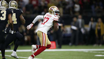 NEW ORLEANS, LA - DECEMBER 8: Emmanuel Sanders #17 of the San Francisco 49ers makes a reception and takes it 75-yards for a touchdown during the game against the New Orleans Saints at the Mercedes-Benz Superdome on December 8, 2019 in New Orleans, Louisiana. The 49ers defeated the Saints 48-46. (Photo by Michael Zagaris/San Francisco 49ers/Getty Images)