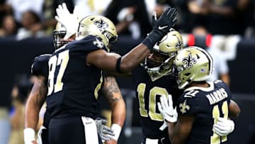 NEW ORLEANS, LOUISIANA - DECEMBER 16: Wide receiver Tre'Quan Smith #10 of the New Orleans Saints and teammates celebrates his touchdown in the second quarter of the game against the Indianapolis Colts at Mercedes Benz Superdome on December 16, 2019 in New Orleans, Louisiana. (Photo by Jonathan Bachman/Getty Images)