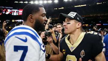 NEW ORLEANS, LOUISIANA - DECEMBER 16: Quarterback Drew Brees #9 of the New Orleans Saints and quarterback Jacoby Brissett #7 of the Indianapolis Colts embrace after the game at Mercedes Benz Superdome on December 16, 2019 in New Orleans, Louisiana. New Orleans Saints defeate the Indianapolis Colts 34-7. (Photo by Sean Gardner/Getty Images)
