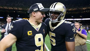 NEW ORLEANS, LOUISIANA - DECEMBER 16: Drew Brees #9 of the New Orleans Saints and Teddy Bridgewater #5 celebrates a win against the Indianapolis Colts at the Mercedes Benz Superdome on December 16, 2019 in New Orleans, Louisiana. (Photo by Jonathan Bachman/Getty Images)
