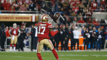 SANTA CLARA, CALIFORNIA - DECEMBER 21: Emmanuel Sanders #17 of the San Francisco 49ers makes a catch for 46 yards in the fourth quarter against the Los Angeles Rams at Levi's Stadium on December 21, 2019 in Santa Clara, California. (Photo by Lachlan Cunningham/Getty Images)