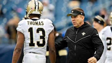 NASHVILLE, TN - DECEMBER 22: Head Coach Sean Payton and Michael Thomas #13 of the New Orleans Saints on the field before a game against the Tennessee Titans at Nissan Stadium on December 22, 2019 in Nashville, Tennessee. The Saints defeated the Titans 38-28. (Photo by Wesley Hitt/Getty Images)