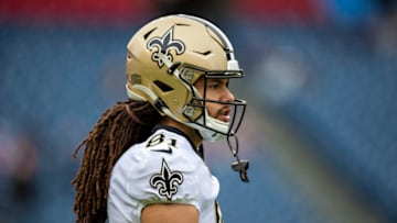 NASHVILLE, TN - DECEMBER 22: Krishawn Hogan #81 of the New Orleans Saints warms up before a game against the Tennessee Titans at Nissan Stadium on December 22, 2019 in Nashville, Tennessee. The Saints defeated the Titans 38-28. (Photo by Wesley Hitt/Getty Images)