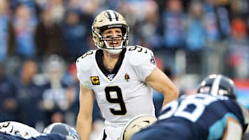 NASHVILLE, TN - DECEMBER 22: Drew Brees #9 of the New Orleans Saints looks over the defense at the line of scrimmage during a game against the Tennessee Titans at Nissan Stadium on December 22, 2019 in Nashville, Tennessee. The Saints defeated the Titans 38-28. (Photo by Wesley Hitt/Getty Images)
