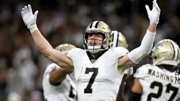 NEW ORLEANS, LOUISIANA - JANUARY 05: Taysom Hill #7 of the New Orleans Saints reacts to a play in the NFC Wild Card Playoff game against the Minnesota Vikings at the Mercedes Benz Superdome on January 05, 2020 in New Orleans, Louisiana. (Photo by Jonathan Bachman/Getty Images)