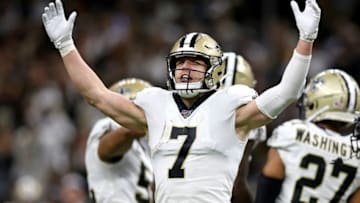 NEW ORLEANS, LOUISIANA - JANUARY 05: Taysom Hill #7 of the New Orleans Saints reacts to a play in the NFC Wild Card Playoff game against the Minnesota Vikings at the Mercedes Benz Superdome on January 05, 2020 in New Orleans, Louisiana. (Photo by Jonathan Bachman/Getty Images)