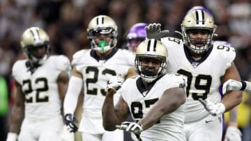 NEW ORLEANS, LOUISIANA - JANUARY 05: Mario Edwards #97 of the New Orleans Saints reacts after a first down stop during the second half against the Minnesota Vikings in the NFC Wild Card Playoff game at Mercedes Benz Superdome on January 05, 2020 in New Orleans, Louisiana. (Photo by Chris Graythen/Getty Images)