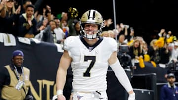 NEW ORLEANS, LOUISIANA - JANUARY 05: Taysom Hill #7 of the New Orleans Saints celebrates after catching a touchdown pass during the fourth quarter against the Minnesota Vikings in the NFC Wild Card Playoff game at Mercedes Benz Superdome on January 05, 2020 in New Orleans, Louisiana. (Photo by Kevin C. Cox/Getty Images)