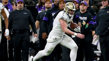 NEW ORLEANS, LOUISIANA - JANUARY 05: Taysom Hill #7 of the New Orleans Saints runs after a catch in the NFC Wild Card Playoff game against the Minnesota Vikingsat Mercedes Benz Superdome on January 05, 2020 in New Orleans, Louisiana. (Photo by Sean Gardner/Getty Images)