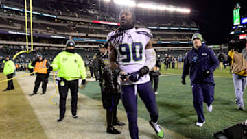PHILADELPHIA, PENNSYLVANIA - JANUARY 05: Jadeveon Clowney #90 of the Seattle Seahawks celebrates victory after his teams win against the Philadelphia Eagles in the NFC Wild Card Playoff game at Lincoln Financial Field on January 05, 2020 in Philadelphia, Pennsylvania. (Photo by Steven Ryan/Getty Images)