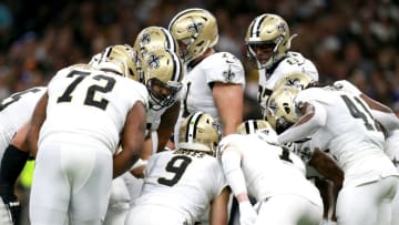 NEW ORLEANS, LOUISIANA - JANUARY 05: Drew Brees #9 of the New Orleans Saints in the huddle during the NFC Wild Card Playoff game against the Minnesota Vikings at Mercedes Benz Superdome on January 05, 2020 in New Orleans, Louisiana. (Photo by Sean Gardner/Getty Images)
