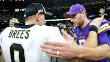 NEW ORLEANS, LOUISIANA - JANUARY 05: Drew Brees #9 of the New Orleans Saints and Kirk Cousins #8 of the Minnesota Vikings reat after the NFC Wild Card Playoff game at Mercedes Benz Superdome on January 05, 2020 in New Orleans, Louisiana. (Photo by Sean Gardner/Getty Images)