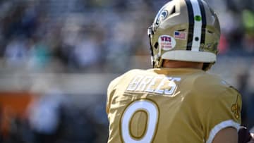 ORLANDO, FLORIDA - JANUARY 26: A detailed view of the high school decal on the helmet of Drew Brees #9 of the New Orleans Saints warming up prior to the 2020 NFL Pro Bowl at Camping World Stadium on January 26, 2020 in Orlando, Florida. (Photo by Mark Brown/Getty Images)