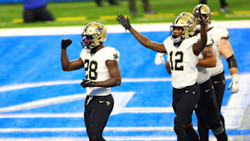 DETROIT, MI - OCTOBER 04: Latavius Murray #28 of the New Orleans Saints celebrate a touchdown in the first quarter against the Detroit Lions at Ford Field on October 4, 2020 in Detroit, Michigan. (Photo by Rey Del Rio/Getty Images)
