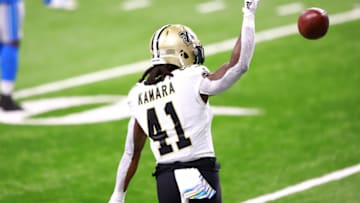 DETROIT, MI - OCTOBER 04: Alvin Kamara #41 of the New Orleans Saints celebrates his catch for the first down in the second quarter of the game against the Detroit Lions at Ford Field on October 4, 2020 in Detroit, Michigan. (Photo by Rey Del Rio/Getty Images)
