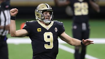 NEW ORLEANS, LOUISIANA - SEPTEMBER 13: Drew Brees #9 of the New Orleans Saints celebrates a touchdown pass against the Tampa Bay Buccaneers during the fourth quarter at the Mercedes-Benz Superdome on September 13, 2020 in New Orleans, Louisiana. (Photo by Chris Graythen/Getty Images)