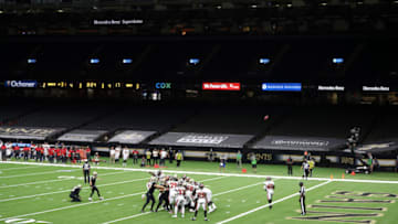 NEW ORLEANS, LOUISIANA - SEPTEMBER 13: Wil Lutz #3 of the New Orleans Saints kicks an extra point in an empty stadium against the Tampa Bay Buccaneers during the fourth quarter at the Mercedes-Benz Superdome on September 13, 2020 in New Orleans, Louisiana. (Photo by Chris Graythen/Getty Images)
