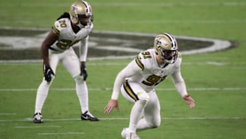 LAS VEGAS, NEVADA - SEPTEMBER 21: Defensive end Trey Hendrickson #91 and cornerback Janoris Jenkins #20 of the New Orleans Saints in action during the NFL game against the Las Vegas Raiders at Allegiant Stadium on September 21, 2020 in Las Vegas, Nevada. The Raiders defeated the Saints 34-24. (Photo by Christian Petersen/Getty Images)