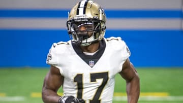 DETROIT, MI - OCTOBER 04: Emmanuel Sanders #17 of the New Orleans Saints runs in motion during the fourth quarter against the Detroit Lions at Ford Field on October 4, 2020 in Detroit, Michigan. (Photo by Nic Antaya/Getty Images)