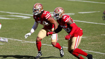 SANTA CLARA, CA - OCTOBER 11: Fred Warner #54 and Kwon Alexander #56 of the San Francisco 49ers defend during the game against the Miami Dolphins at Levi's Stadium on October 11, 2020 in Santa Clara, California. The Dolphins defeated the 49ers 43-17. (Photo by Michael Zagaris/San Francisco 49ers/Getty Images)