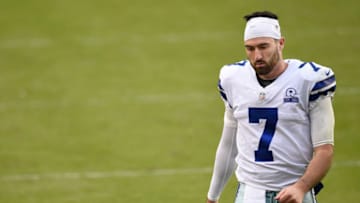 LANDOVER, MARYLAND - OCTOBER 25: Quarterback Ben DiNucci #7 of the Dallas Cowboys walks off the field after their 25-3 loss against the Washington Football Team at FedExField on October 25, 2020 in Landover, Maryland. (Photo by Patrick McDermott/Getty Images)