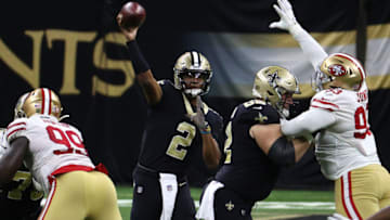 NEW ORLEANS, LOUISIANA - NOVEMBER 15: Jameis Winston #2 of the New Orleans Saints attempts a pass during their game against the San Francisco 49ers at Mercedes-Benz Superdome on November 15, 2020 in New Orleans, Louisiana. (Photo by Chris Graythen/Getty Images)