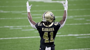 NEW ORLEANS, LOUISIANA - NOVEMBER 22: Alvin Kamara #41 of the New Orleans Saints celebrates his 3 yard touchdown run in the second quarter against the Atlanta Falcons at Mercedes-Benz Superdome on November 22, 2020 in New Orleans, Louisiana. (Photo by Chris Graythen/Getty Images)