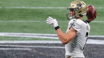 ATLANTA, GEORGIA - DECEMBER 06: Taysom Hill #7 of the New Orleans Saints looks to make a second quarter pass against the Atlanta Falcons at Mercedes-Benz Stadium on December 06, 2020 in Atlanta, Georgia. (Photo by Kevin C. Cox/Getty Images)