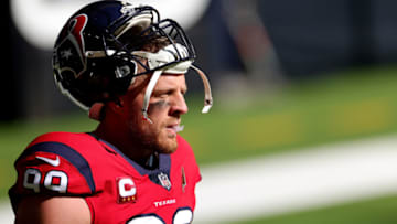 HOUSTON, TEXAS - DECEMBER 06: J.J. Watt #99 of the Houston Texans warms up prior to the game against the Indianapolis Colts at NRG Stadium on December 06, 2020 in Houston, Texas. (Photo by Carmen Mandato/Getty Images)