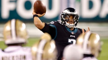 PHILADELPHIA, PENNSYLVANIA - DECEMBER 13: Jalen Hurts #2 of the Philadelphia Eagles attempts a pass against the New Orleans Saints at Lincoln Financial Field on December 13, 2020 in Philadelphia, Pennsylvania. (Photo by Tim Nwachukwu/Getty Images)