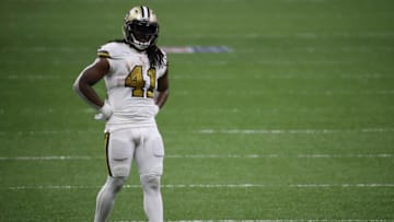 NEW ORLEANS, LOUISIANA - DECEMBER 25: Alvin Kamara #41 of the New Orleans Saints looks on during the fourth quarter against the Minnesota Vikings at Mercedes-Benz Superdome on December 25, 2020 in New Orleans, Louisiana. (Photo by Chris Graythen/Getty Images)
