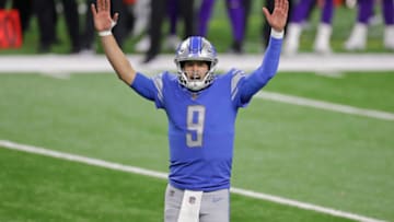 DETROIT, MICHIGAN - JANUARY 03: Matthew Stafford #9 of the Detroit Lions celebrates a touchdown during the fourth quarter of the game against the Minnesota Vikings at Ford Field on January 03, 2021 in Detroit, Michigan. (Photo by Leon Halip/Getty Images)