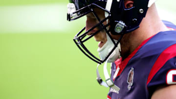 HOUSTON, TEXAS - JANUARY 03: J.J. Watt #99 of the Houston Texans looks on against the Tennessee Titans during a game at NRG Stadium on January 03, 2021 in Houston, Texas. (Photo by Carmen Mandato/Getty Images)