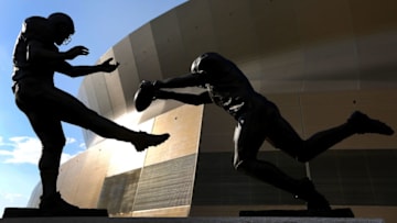 NEW ORLEANS, LA - SEPTEMBER 26: A statue titled "Rebirth," which depicts former New Orleans Saint Steve Gleason blocking a punt against the Atlanta Falcons during the first football game after the Superdome re-opened after Hurricane Katrina, is seen before a game between the New Orleans Saints and the Atlanta Falcons at Mercedes-Benz Superdome on September 26, 2016 in New Orleans, Louisiana. (Photo by Jonathan Bachman/Getty Images)