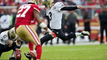 SANTA CLARA, CA - NOVEMBER 6: Kicker Wil Lutz #3 of the New Orleans Saints makes the point after touchdown against the San Francisco 49ers in the fourth quarter on November, 6 2016 at Levi's Stadium in Santa Clara, California. The Saints won 41-23. (Photo by Brian Bahr/Getty Images)