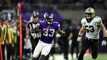 MINNEAPOLIS, MN - SEPTEMBER 11: Dalvin Cook #33 of the Minnesota Vikings carries the ball in the second half of the game against the New Orleans Saints on September 11, 2017 at U.S. Bank Stadium in Minneapolis, Minnesota. (Photo by Hannah Foslien/Getty Images)