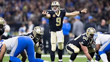 NEW ORLEANS, LA - OCTOBER 15: Drew Brees #9 of the New Orleans Saints points out assignments at the line of scrimmage during a game against the Detroit Lions at Mercedes-Benz Superdome on October 15, 2017 in New Orleans, Louisiana. The Saints defeated the Lions 52-38. (Photo by Wesley Hitt/Getty Images)