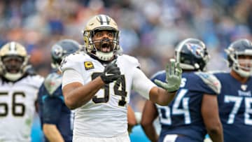 NASHVILLE, TN - DECEMBER 22: Cameron Jordan #94 of the New Orleans Saints celebrates after sacking Ryan Tannehill #17 of the Tennessee Titans at Nissan Stadium on December 22, 2019 in Nashville, Tennessee. The Saints defeated the Titans 38-28. (Photo by Wesley Hitt/Getty Images)