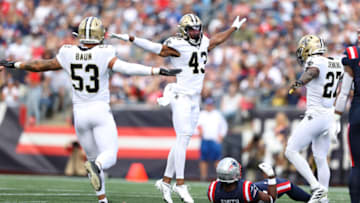 Zack Baun #53, Marcus Williams #43 and Malcolm Jenkins #27 of the New Orleans Saints (Photo by Elsa/Getty Images)