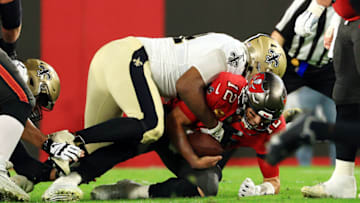 Tom Brady is sacked by Cameron Jordan, New Orleans Saints (Photo by Mike Ehrmann/Getty Images)