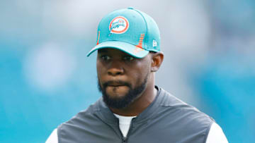 MIAMI GARDENS, FLORIDA - JANUARY 09: Head coach Brian Flores of the Miami Dolphins looks on prior to the game against the New England Patriots at Hard Rock Stadium on January 09, 2022 in Miami Gardens, Florida. (Photo by Michael Reaves/Getty Images)