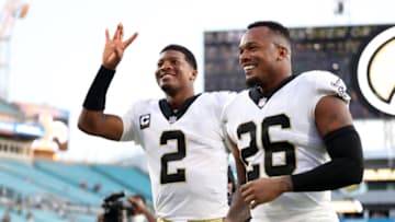 Jameis Winston #2 and P.J. Williams #26 of the New Orleans Saints. (Photo by James Gilbert/Getty Images)