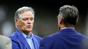 Aug 9, 2019; New Orleans, LA, USA; New Orleans Saints general manager Mickey Loomis (left) talks with Minnesota Vikings general manager Rick Spielman before the game against the Minnesota Vikings at the Mercedes-Benz Superdome. Mandatory Credit: Chuck Cook-USA TODAY Sports