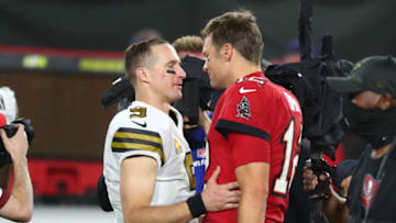 New Orleans Saints quarterback Drew Brees (9) and Tampa Bay Buccaneers quarterback Tom Brady (12) - Mandatory Credit: Kim Klement-USA TODAY Sports