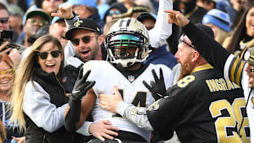 Nov 14, 2021; Nashville, Tennessee, USA; New Orleans Saints running back Mark Ingram (14) celebrates after a touchdown during the second half against the Tennessee Titans at Nissan Stadium. Mandatory Credit: Christopher Hanewinckel-USA TODAY Sports
